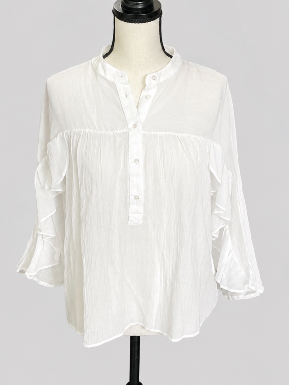 Maeve White Ruffle-Sleeve Henley Blouse